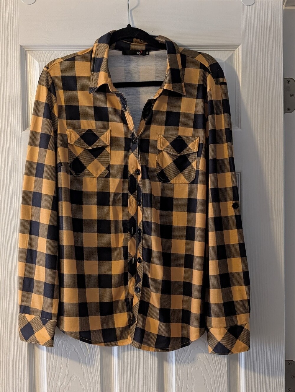 Plaid Button-Up Shirt - Black and Mustard Yellow